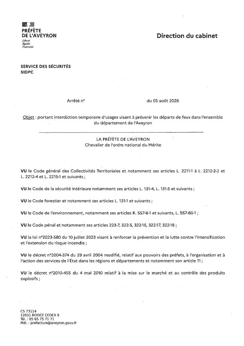 Interdiction temporaire d'usages visant à prévenir les départs de feux sur l'ensemble du département de l'Aveyron