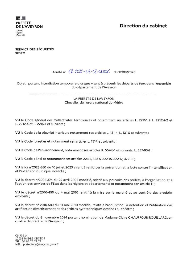 Interdiction temporaire d'usages visant à prévenir les départs de feux sur l'ensemble du département de l'Aveyron