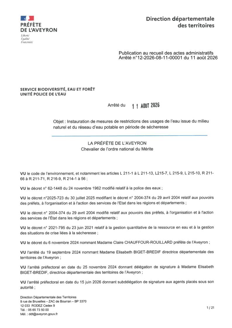 Restrictions des usages de l'eau à compter du 15 août 2026 (eau issue du milieu naturel et eau potable)