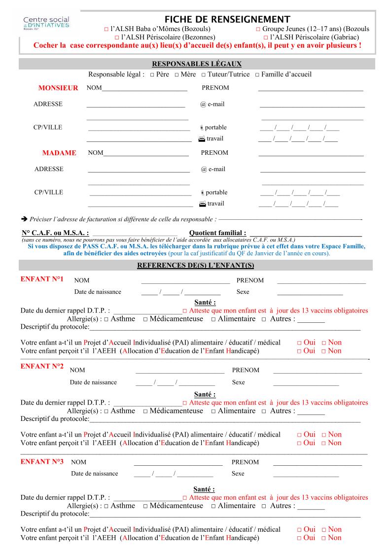 Fiche de renseignements 2026-2027