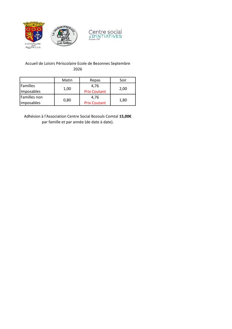 Tarifs 2026-2027